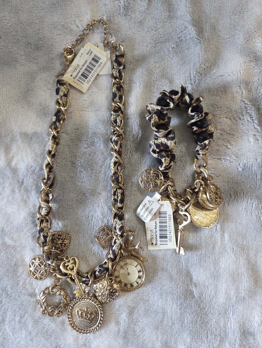 Macy's Gold-Tone Charm Necklace & Bracelet Set with Black and Cream Fabric